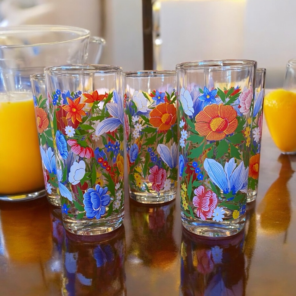 Set of 5 Colorful Floral Glass Tumblers Set Reims France. - Picture 5 of 6